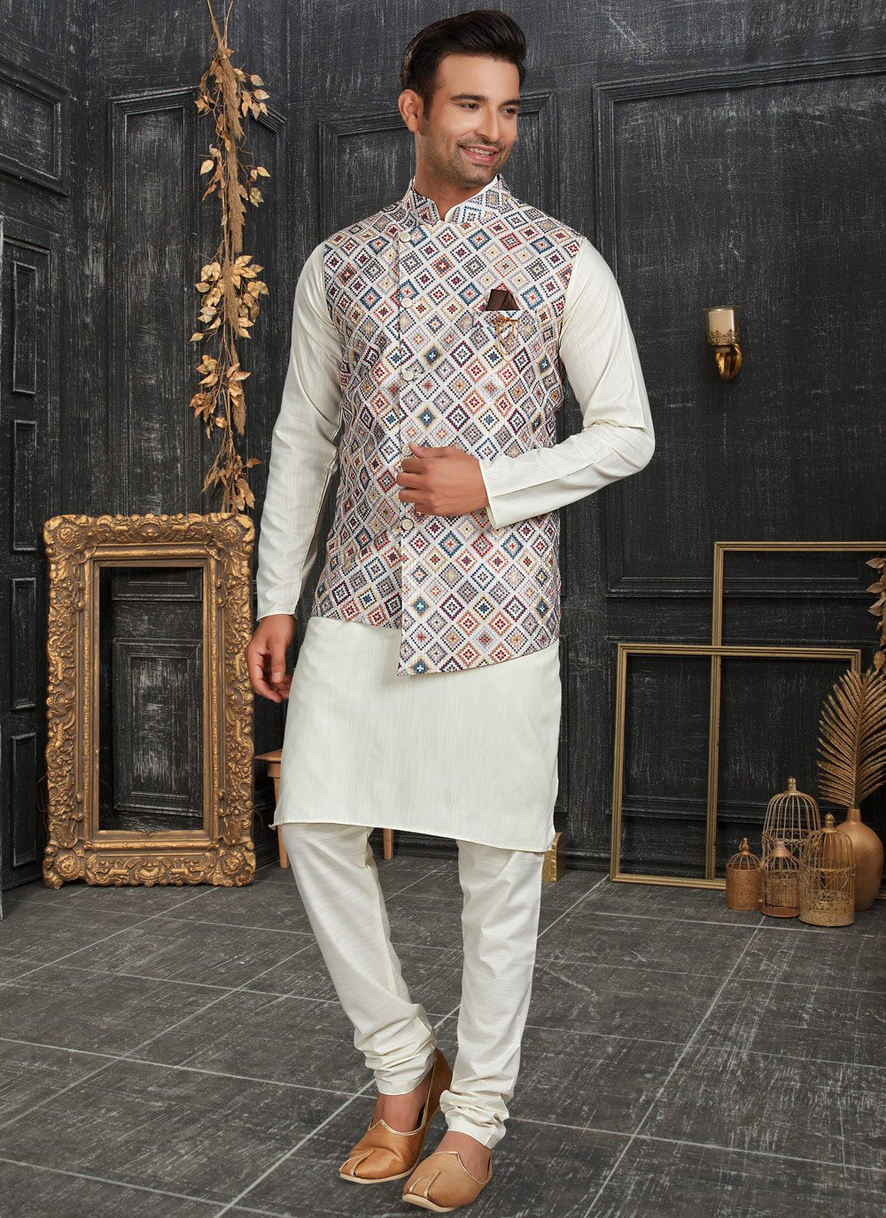 Kurta Payjama With Jacket Cotton Multi Colour Off White Chicken Mens