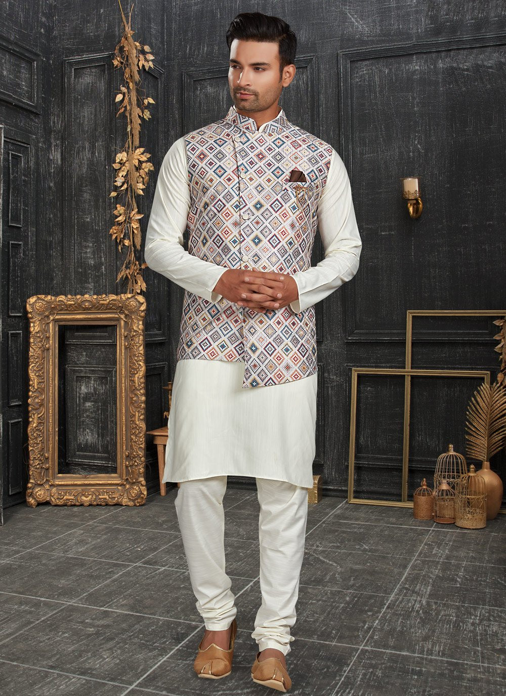 Kurta Payjama With Jacket Cotton Multi Colour Off White Chicken Mens