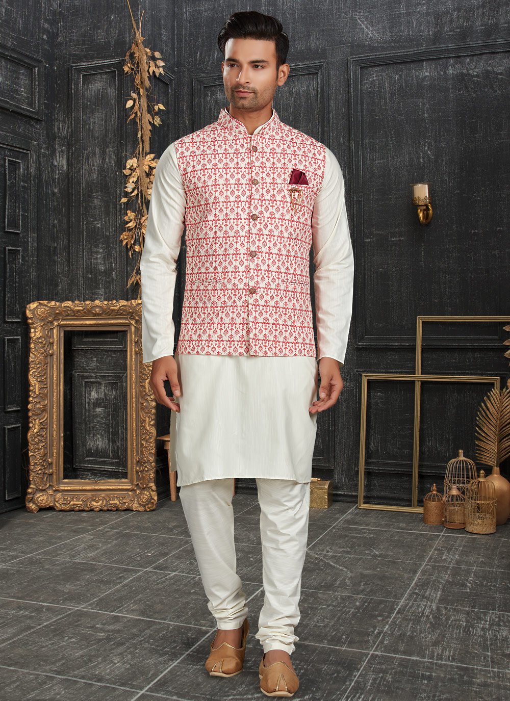 Kurta Payjama With Jacket Cotton Off White Pink Chicken Mens