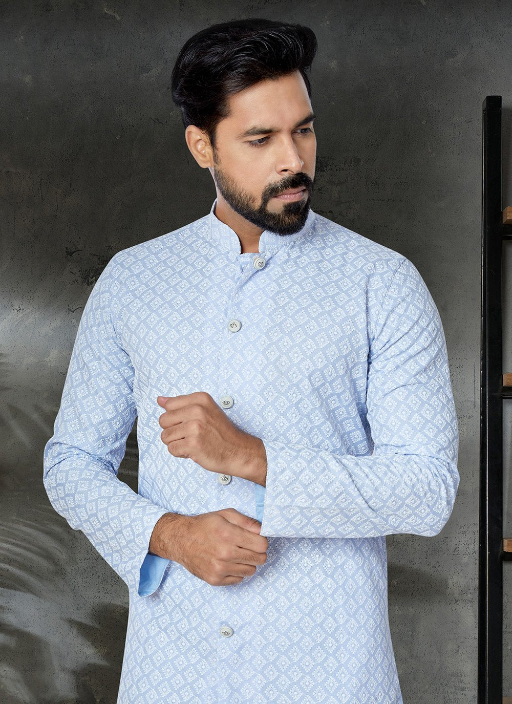 Kurta Pyjama Cotton Aqua Blue Embroidered Mens