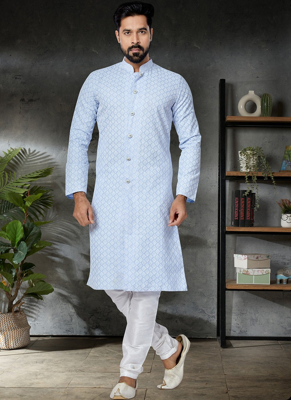 Kurta Pyjama Cotton Aqua Blue Embroidered Mens