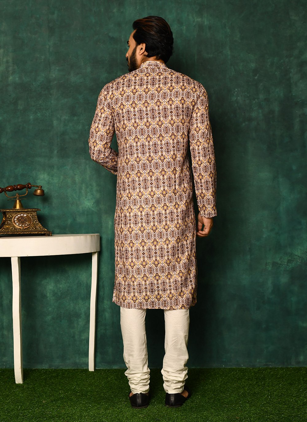 Kurta Pyjama Cotton Beige Print Mens