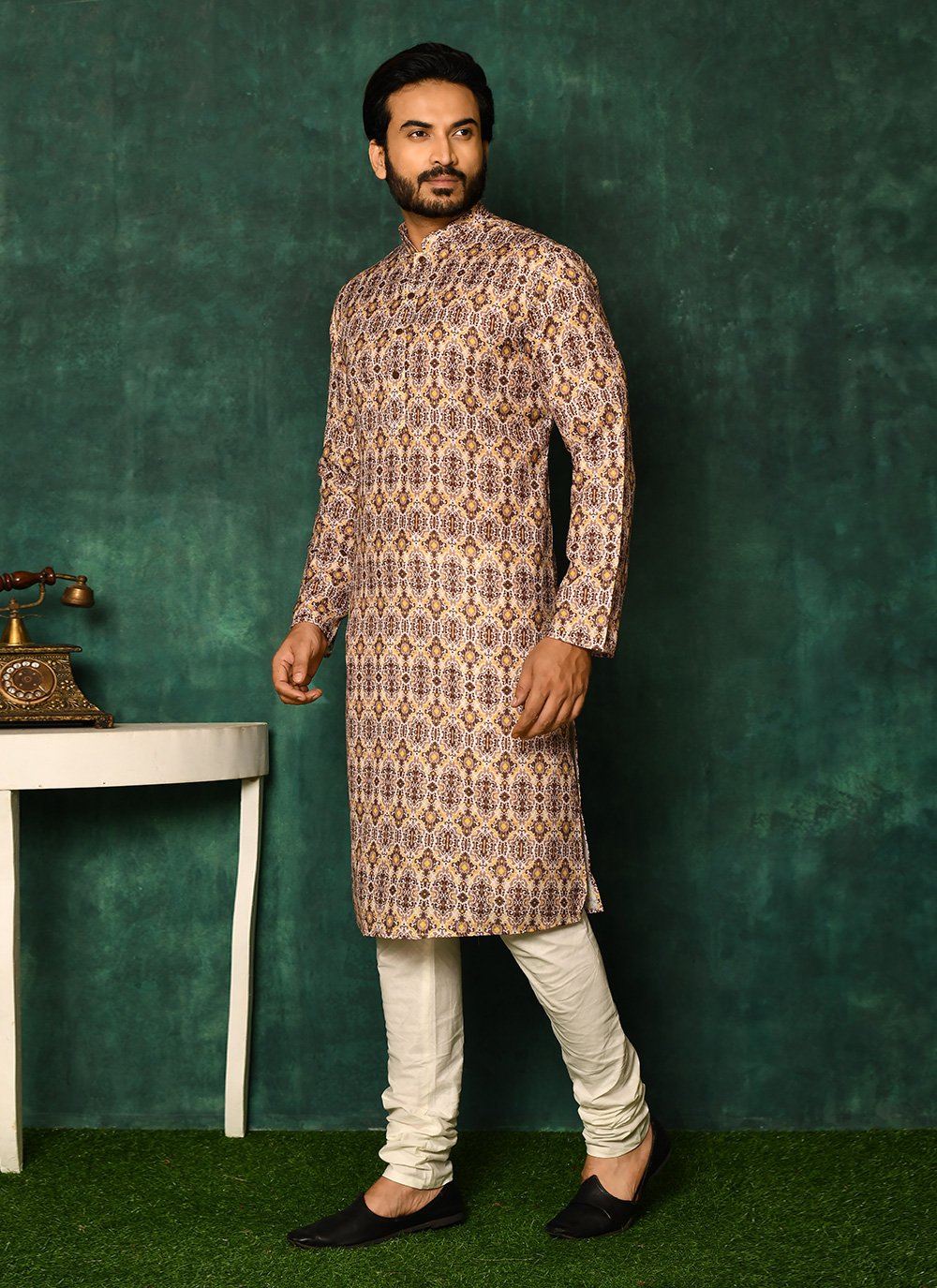 Kurta Pyjama Cotton Beige Print Mens