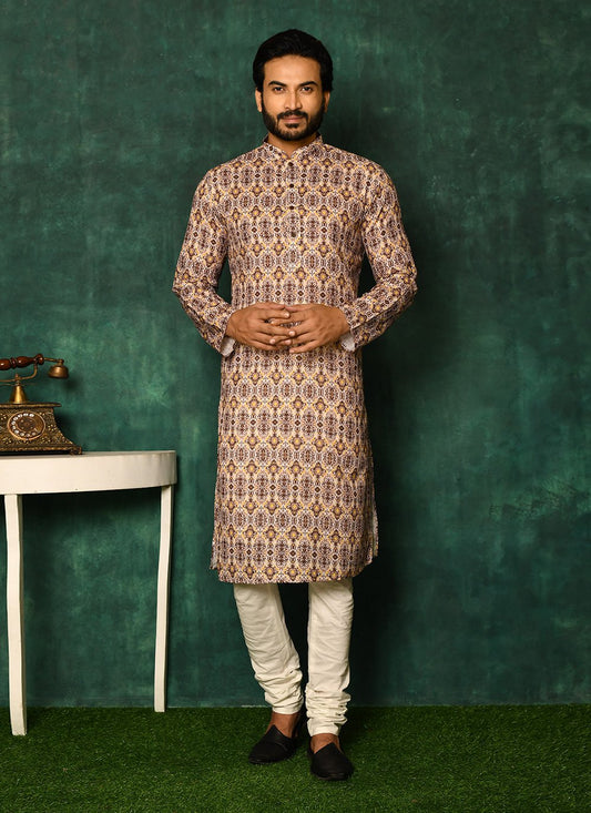 Kurta Pyjama Cotton Beige Print Mens