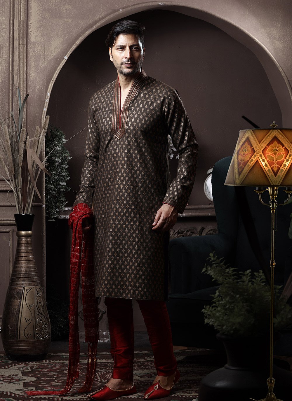 Kurta Pyjama Cotton Black Print Mens