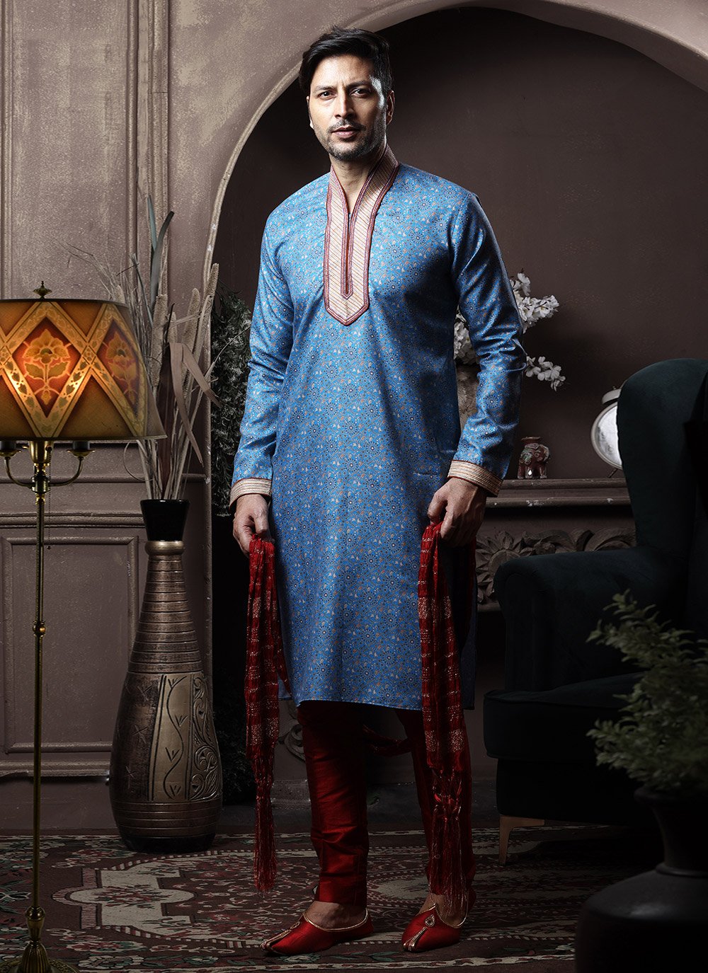 Kurta Pyjama Cotton Blue Print Mens