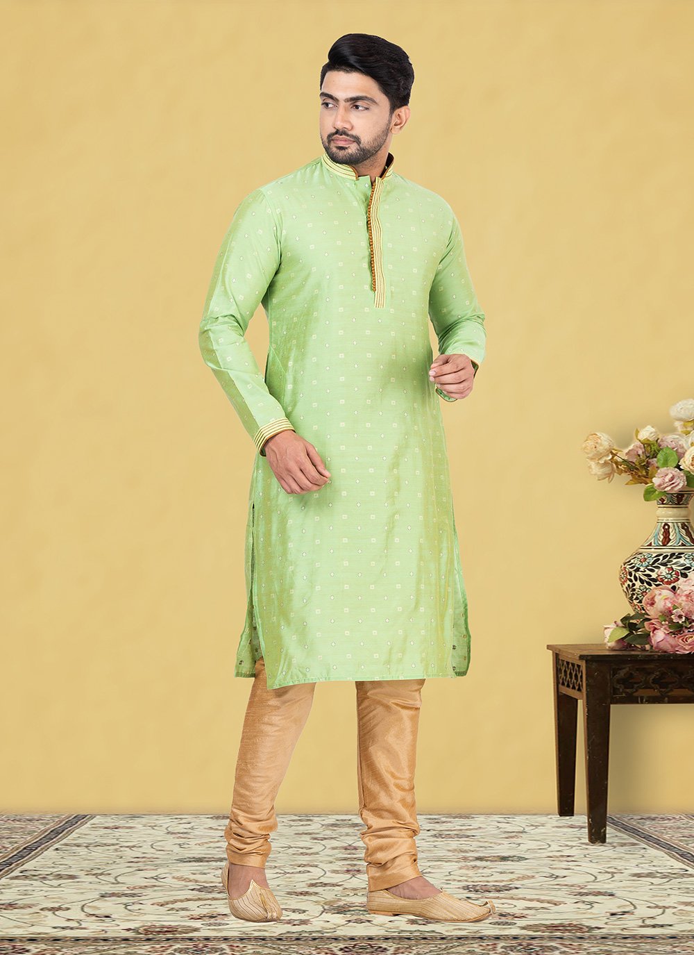 Kurta Pyjama Cotton Green Fancy Work Mens