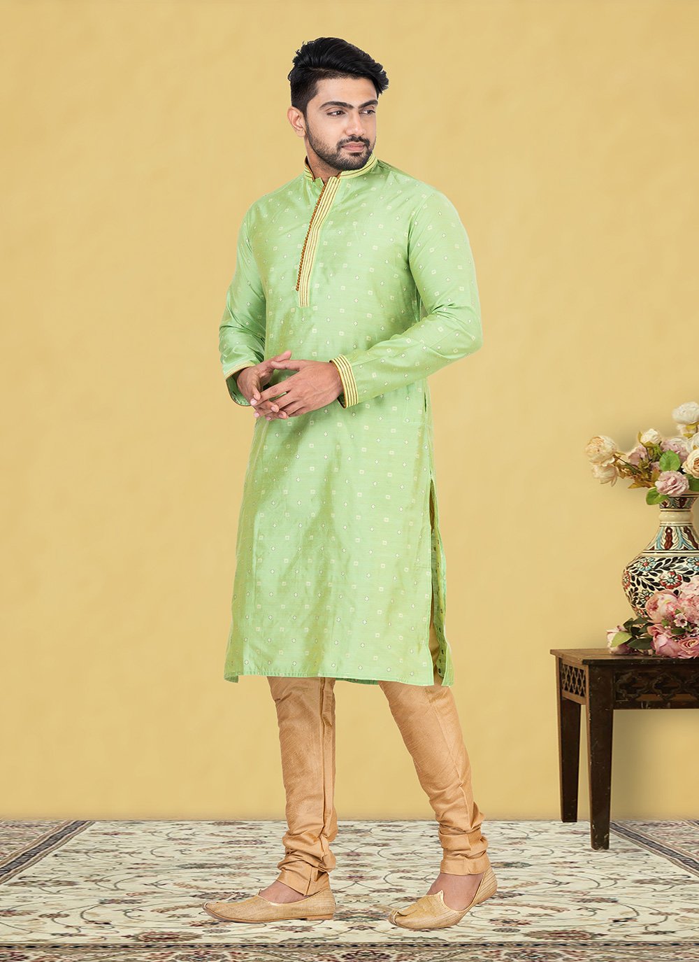 Kurta Pyjama Cotton Green Fancy Work Mens