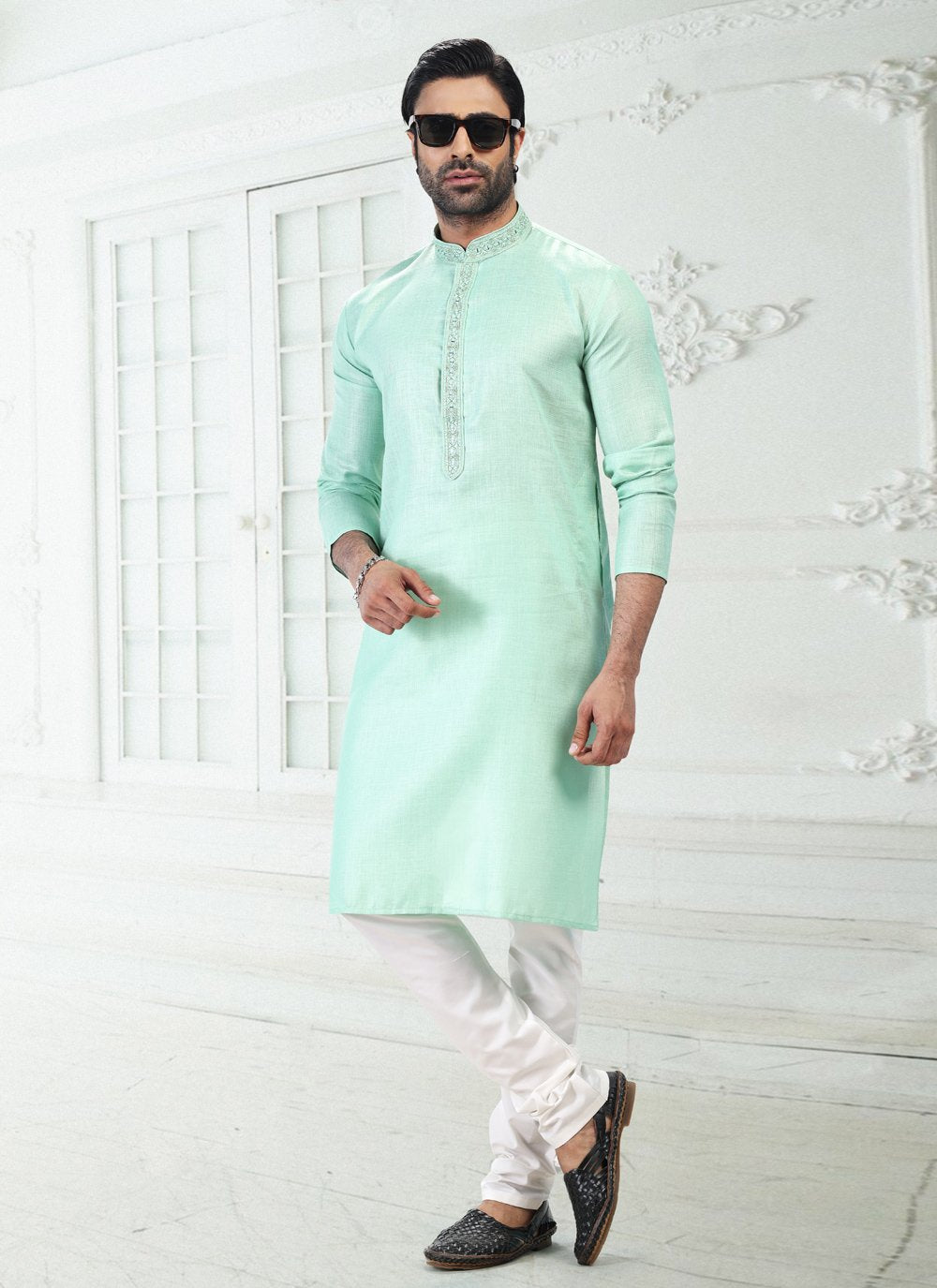 Kurta Pyjama Cotton Linen Green Thread Mens