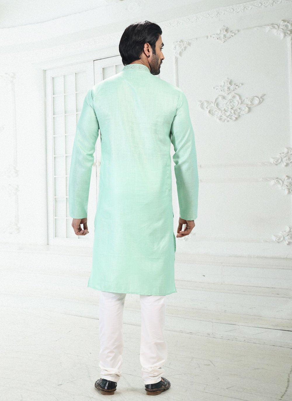 Kurta Pyjama Cotton Linen Green Thread Mens