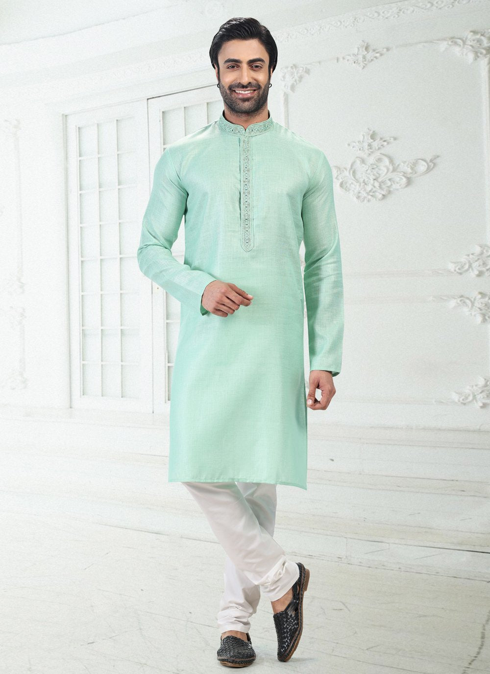 Kurta Pyjama Cotton Linen Green Thread Mens