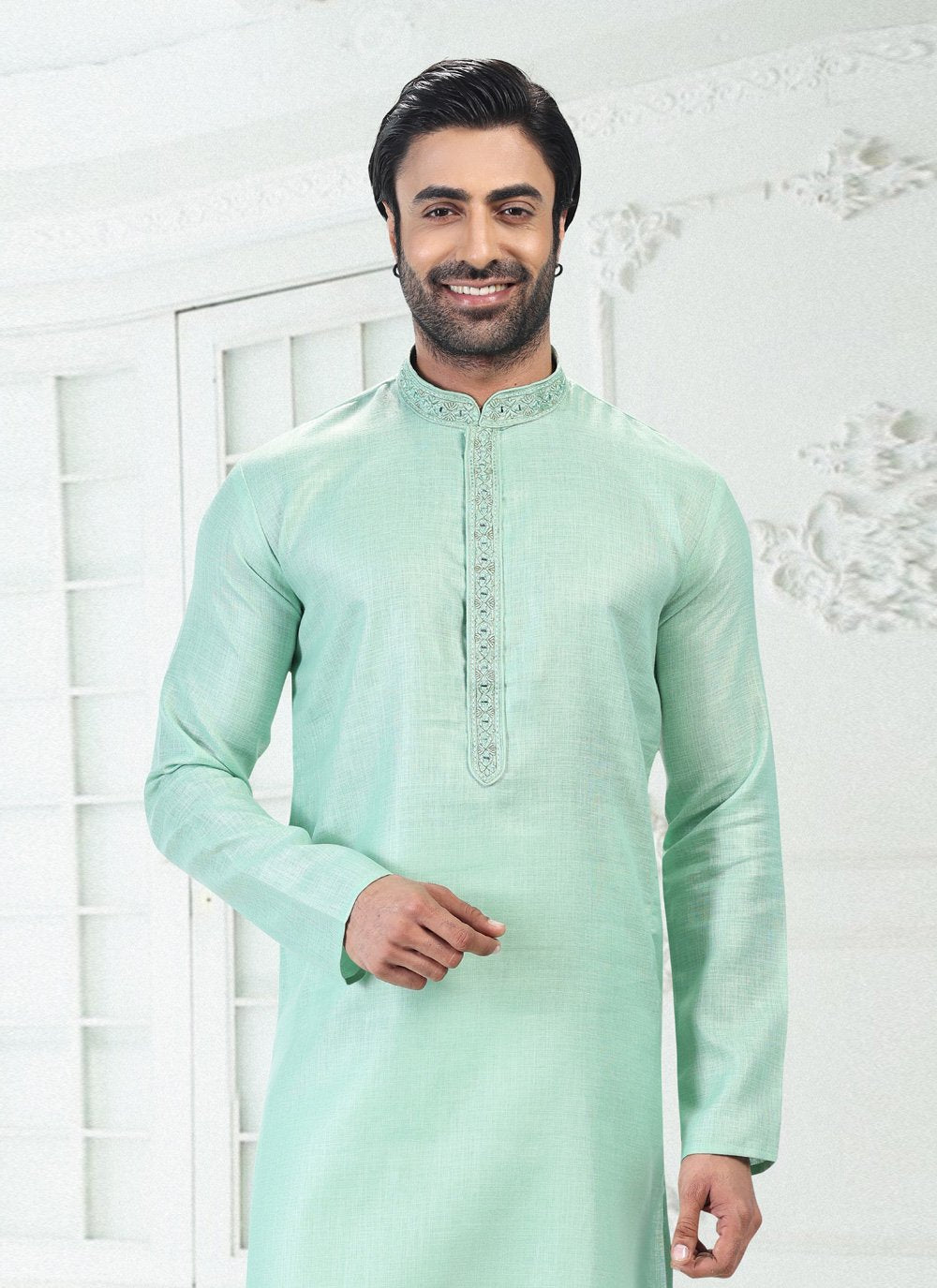 Kurta Pyjama Cotton Linen Green Thread Mens