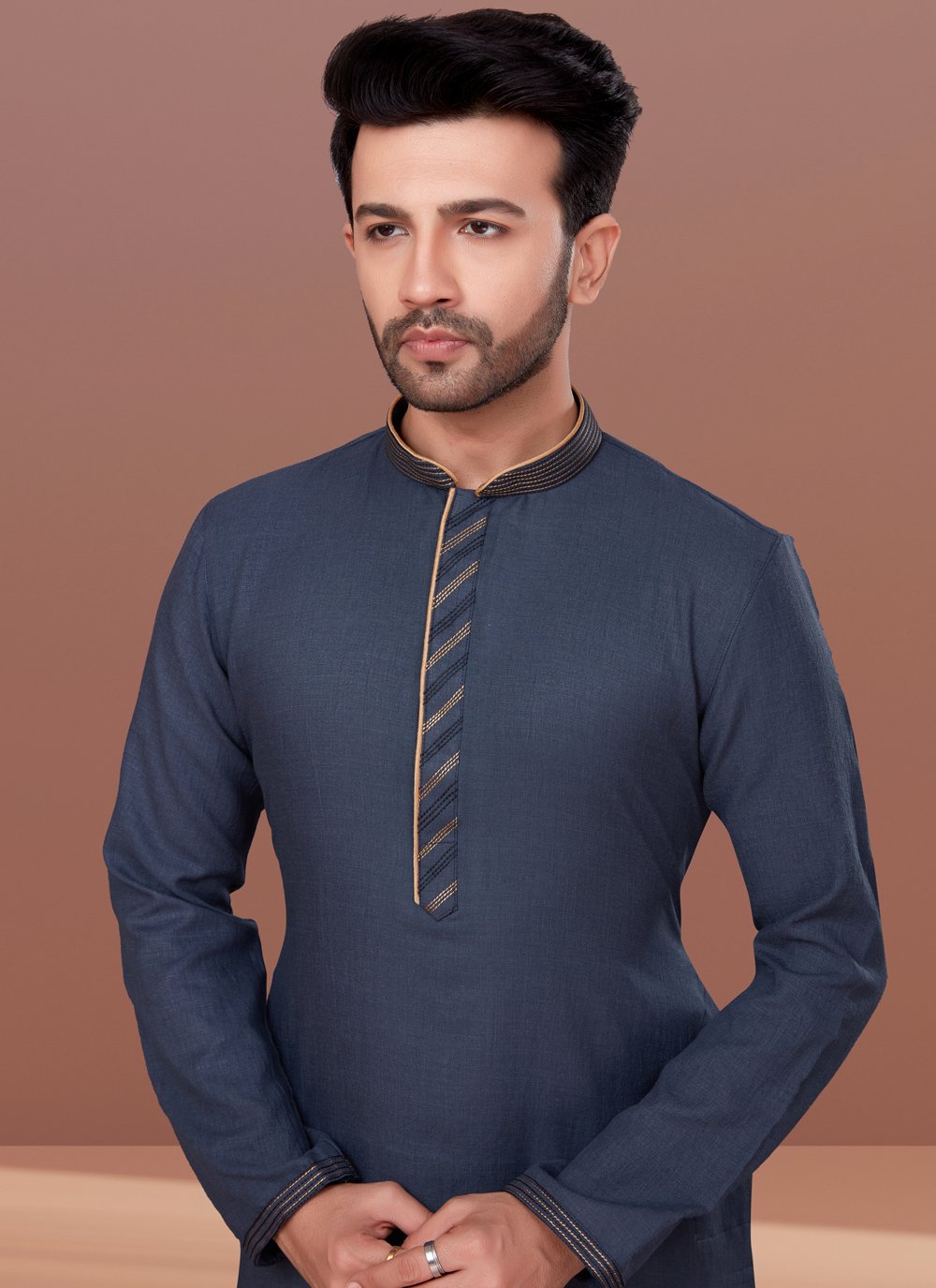 Kurta Pyjama Cotton Grey Fancy Work Mens