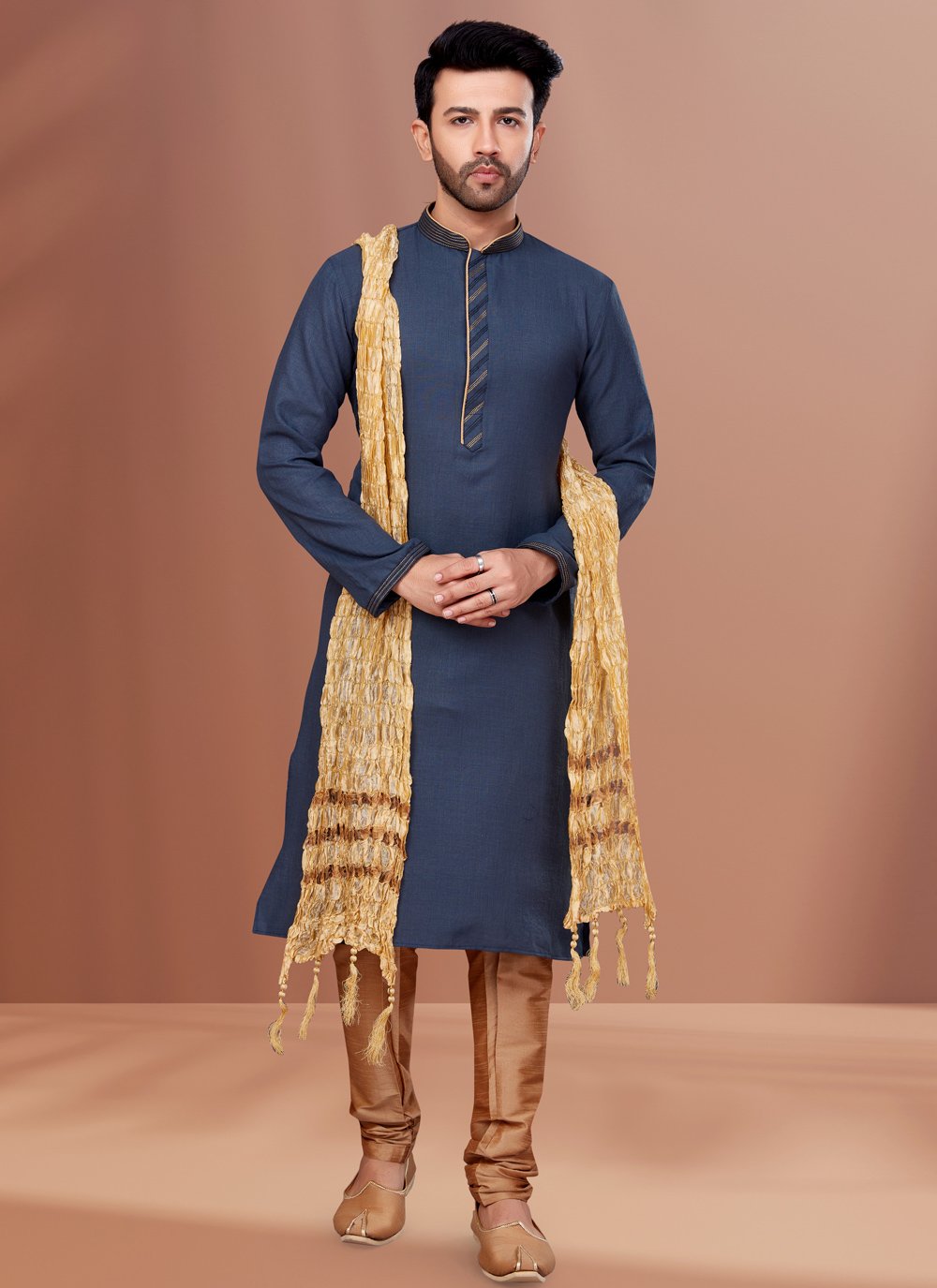 Kurta Pyjama Cotton Grey Fancy Work Mens