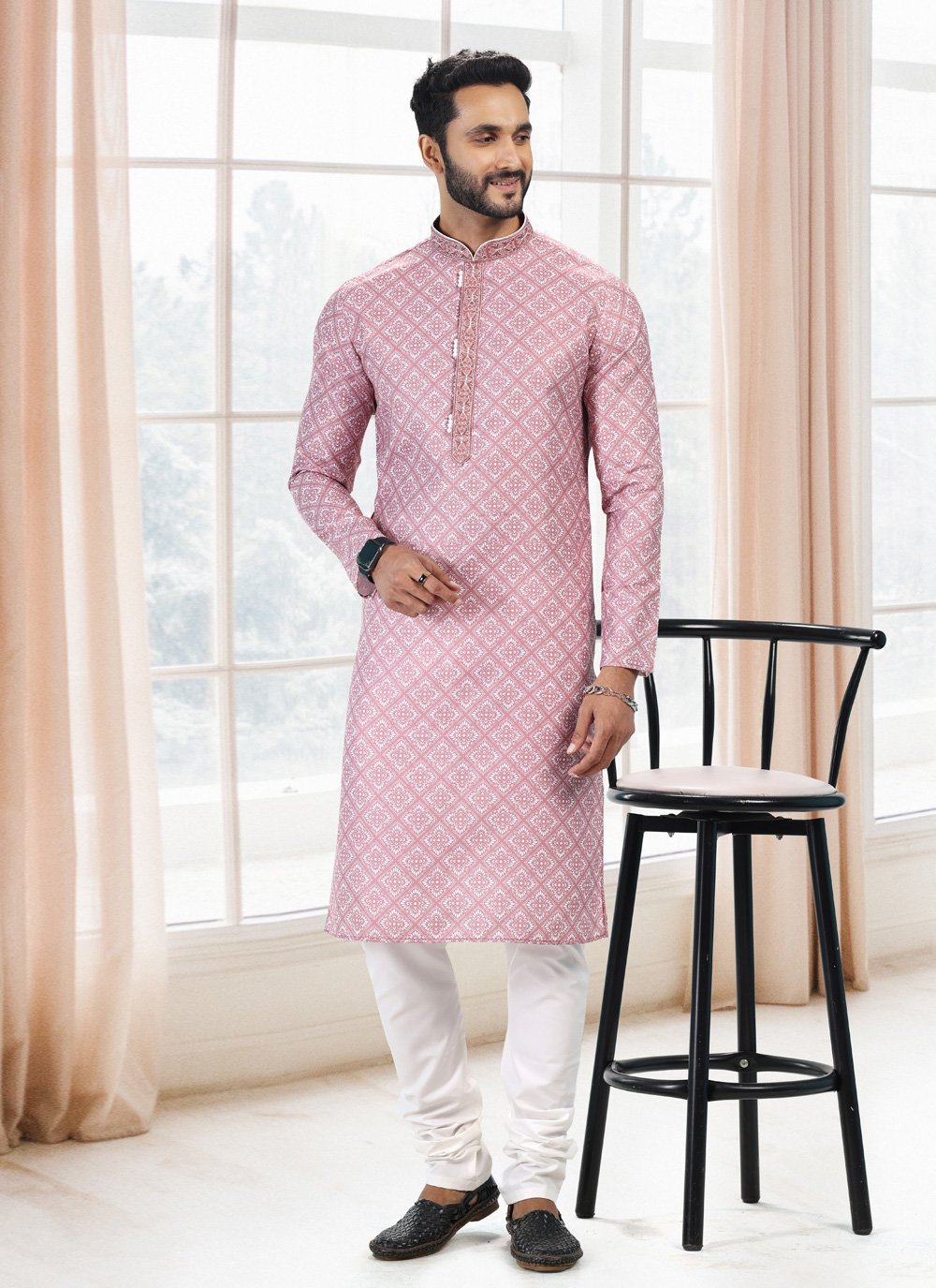 Kurta Pyjama Cotton Mauve Fancy Work Mens