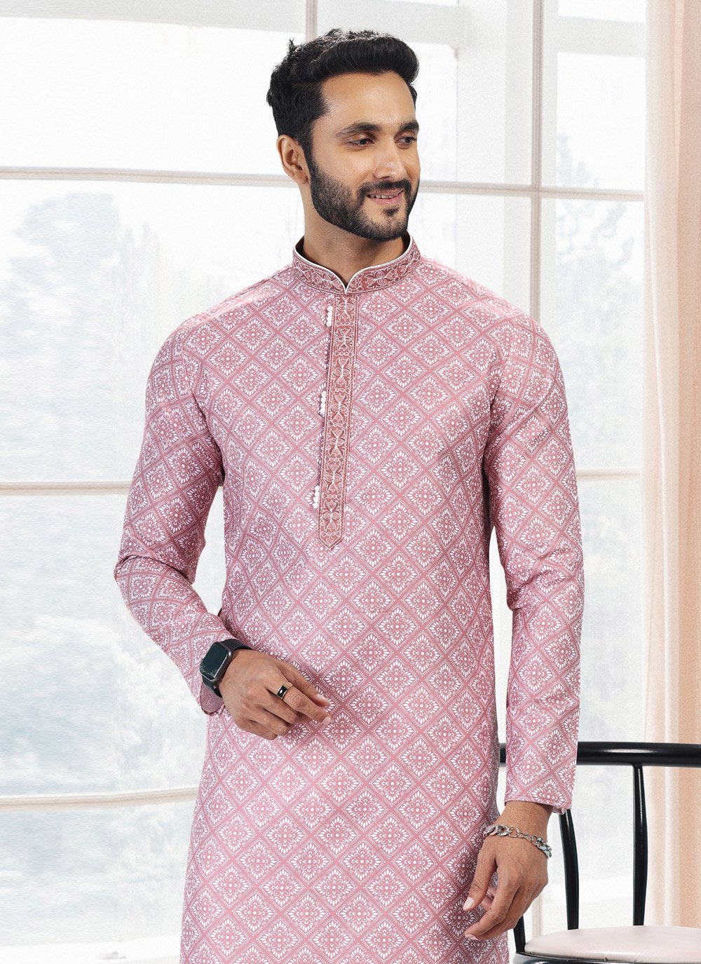 Kurta Pyjama Cotton Mauve Fancy Work Mens