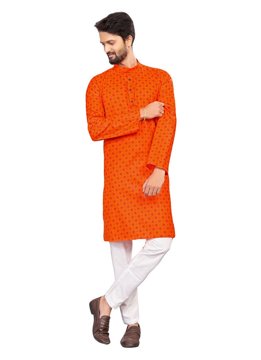 Kurta Pyjama Cotton Orange Print Mens