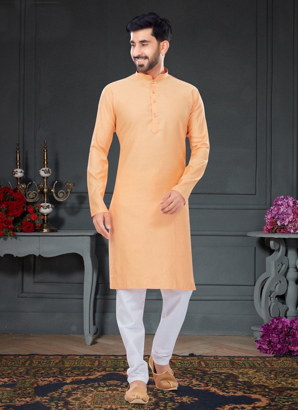 Kurta Pyjama Cotton Jacquard Peach Fancy Work Mens