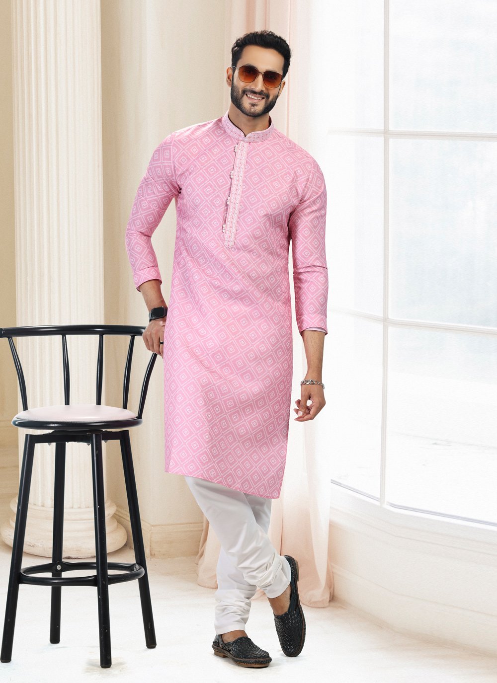 Kurta Pyjama Cotton Pink Fancy Work Mens