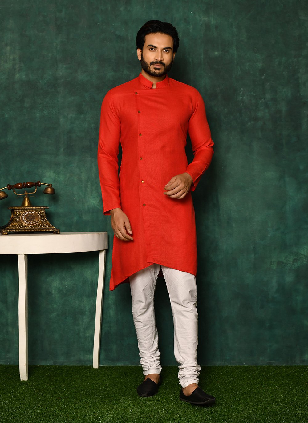 Kurta Pyjama Cotton Red Plain Mens