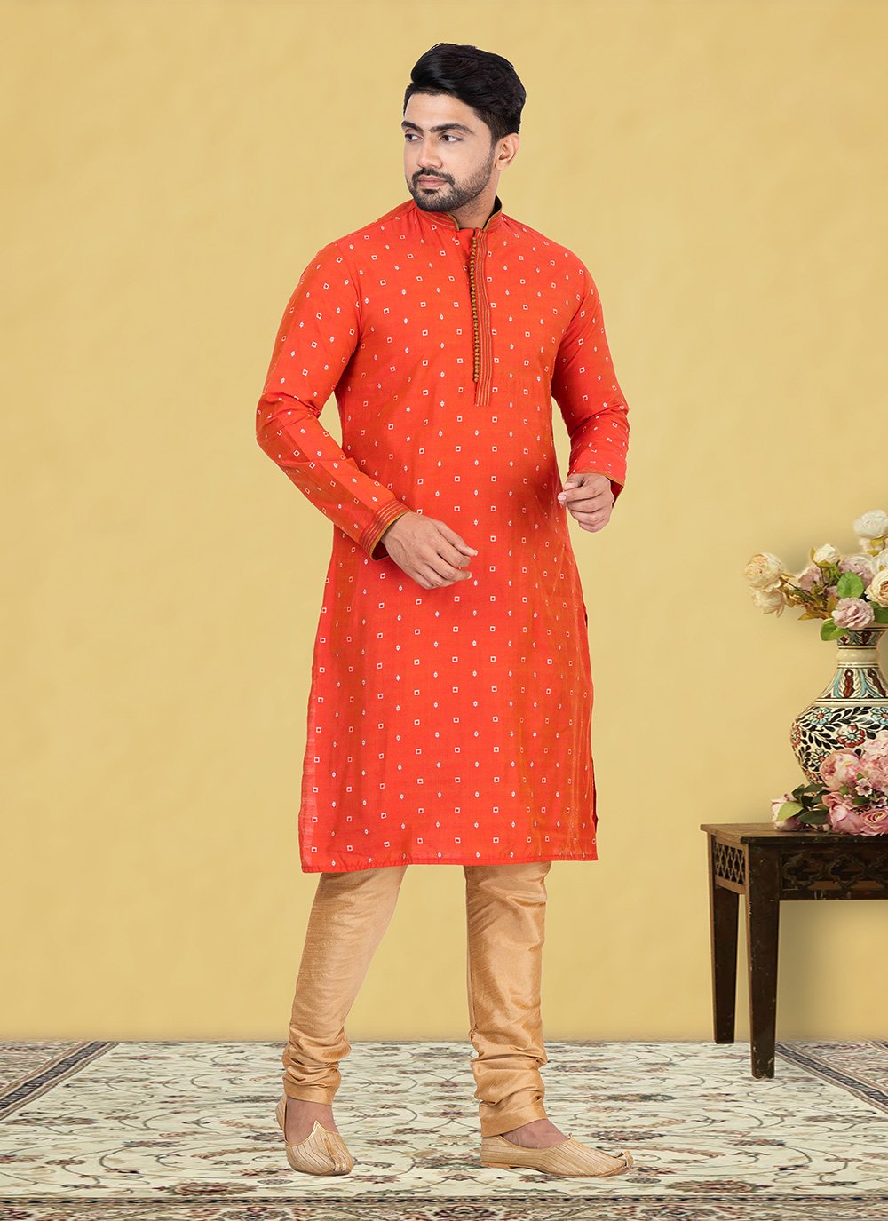 Kurta Pyjama Cotton Rust Fancy Work Mens