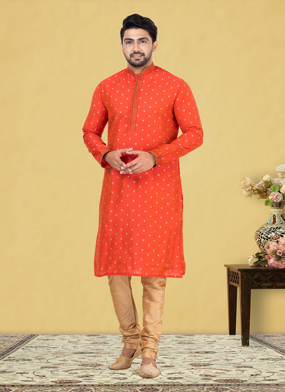 Kurta Pyjama Cotton Rust Fancy Work Mens