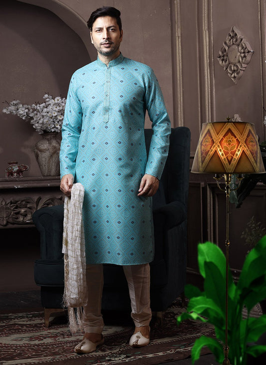 Kurta Pyjama Cotton Turquoise Print Mens