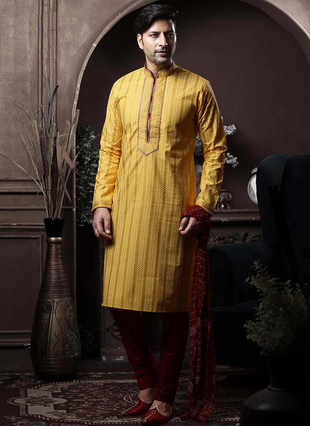 Kurta Pyjama Cotton Yellow Print Mens