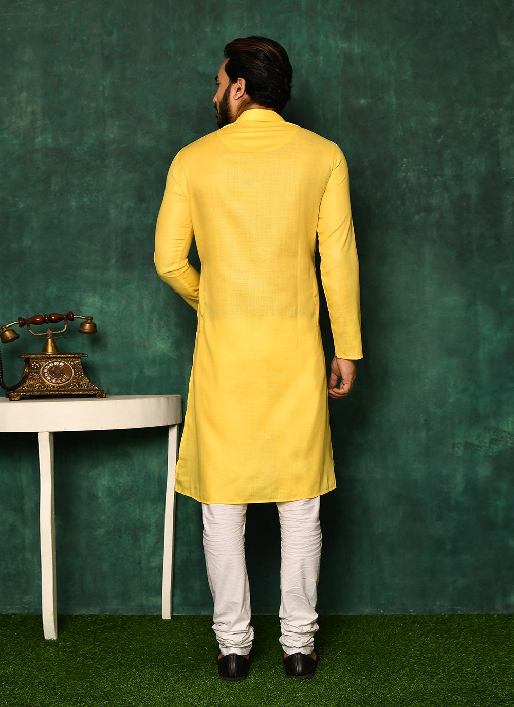 Kurta Pyjama Cotton Yellow Plain Mens