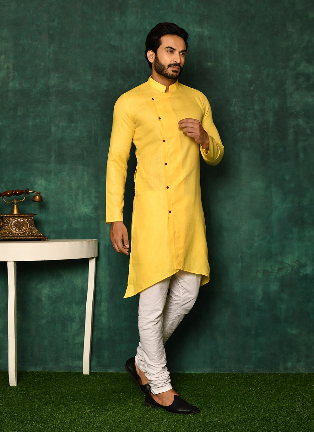 Kurta Pyjama Cotton Yellow Plain Mens