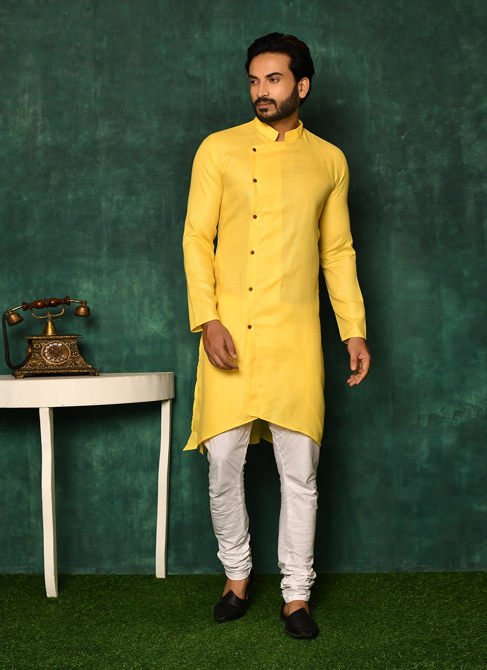 Kurta Pyjama Cotton Yellow Plain Mens