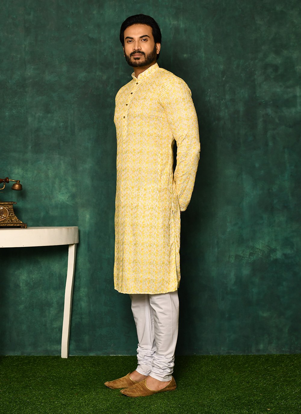 Kurta Pyjama Cotton Yellow Chikankari Work Mens