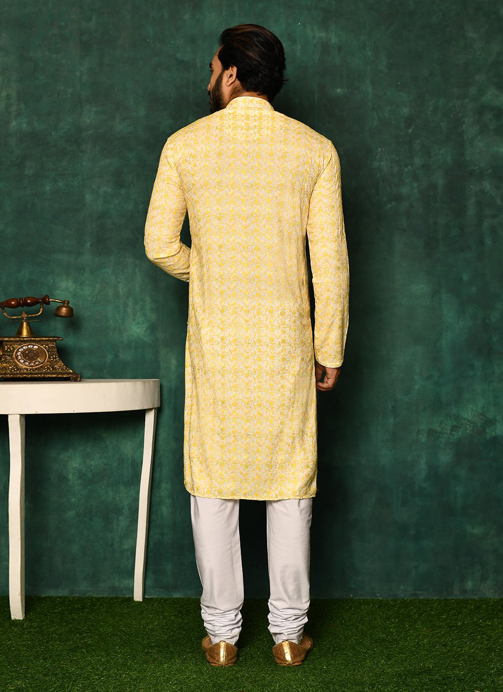 Kurta Pyjama Cotton Yellow Chikankari Work Mens