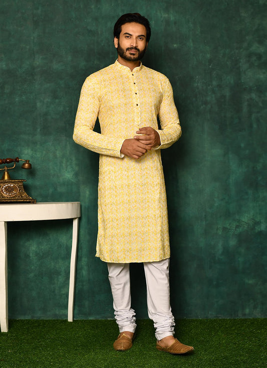 Kurta Pyjama Cotton Yellow Chikankari Work Mens