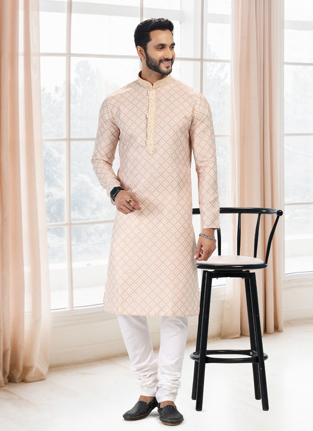 Kurta Pyjama Cotton Yellow Fancy Work Mens