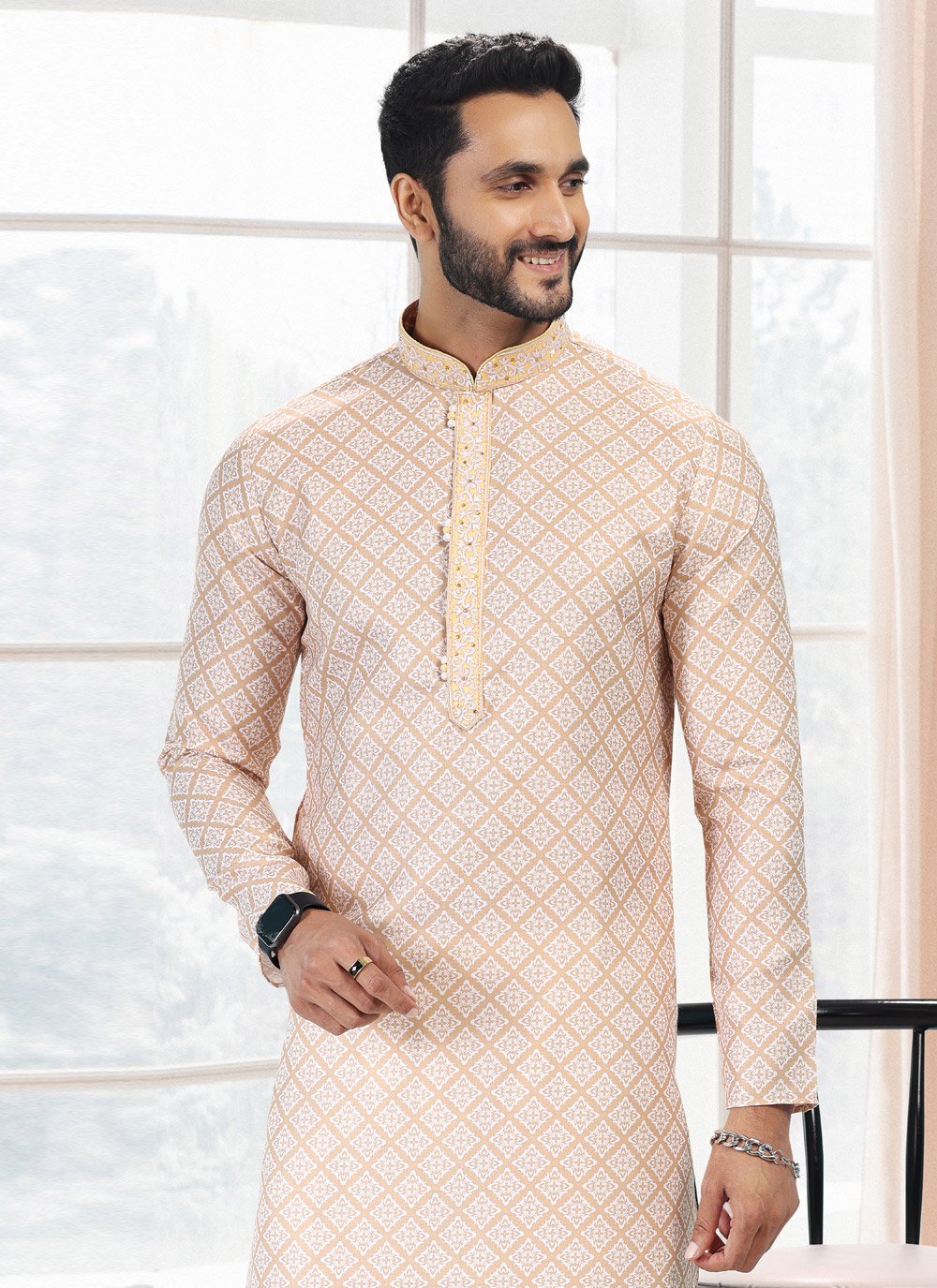 Kurta Pyjama Cotton Yellow Fancy Work Mens