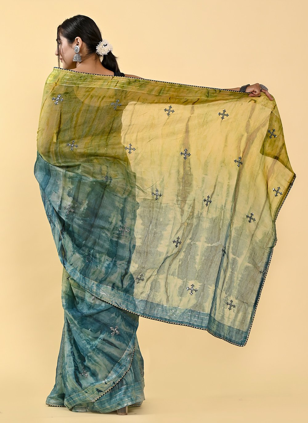 Shaded Saree Cotton Blue Green Lace Saree