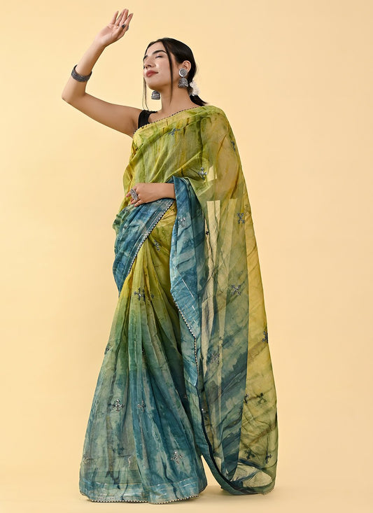 Shaded Saree Cotton Blue Green Lace Saree