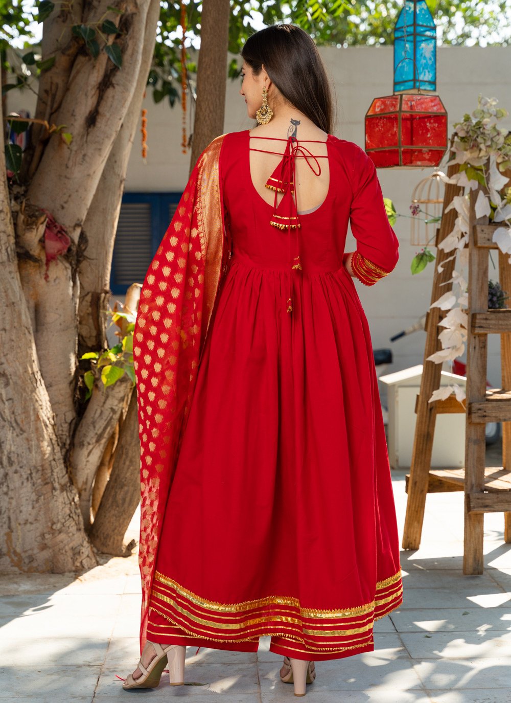 Palazzo Salwar Suit Cotton Red Lace Salwar Kameez