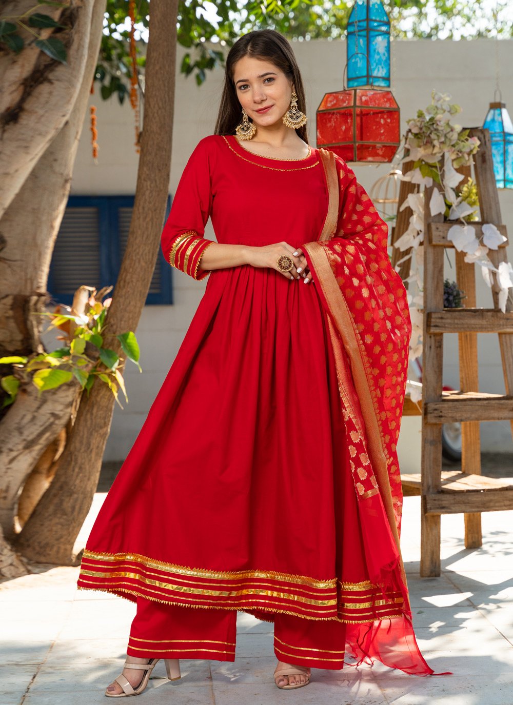 Palazzo Salwar Suit Cotton Red Lace Salwar Kameez