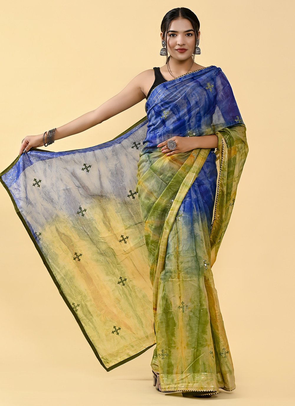 Shaded Saree Cotton Blue Green Lace Saree