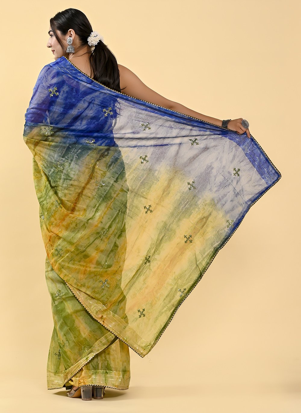 Shaded Saree Cotton Blue Green Lace Saree