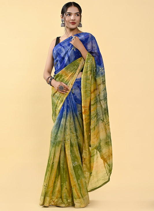 Shaded Saree Cotton Blue Green Lace Saree