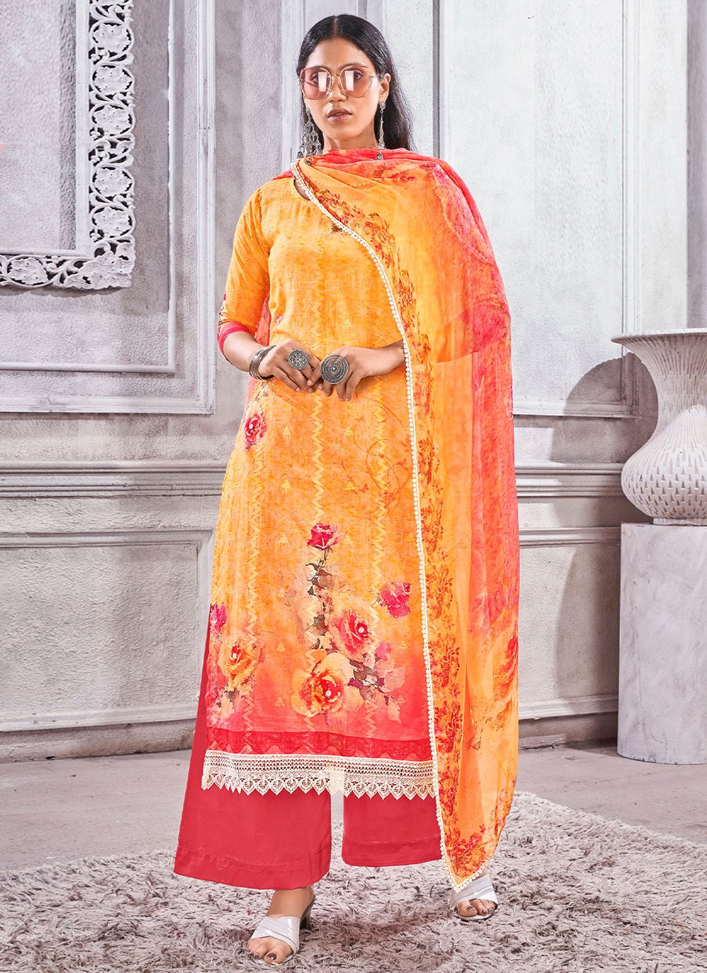 Straight Salwar Suit Cotton Lawn Yellow Digital Print Salwar Kameez