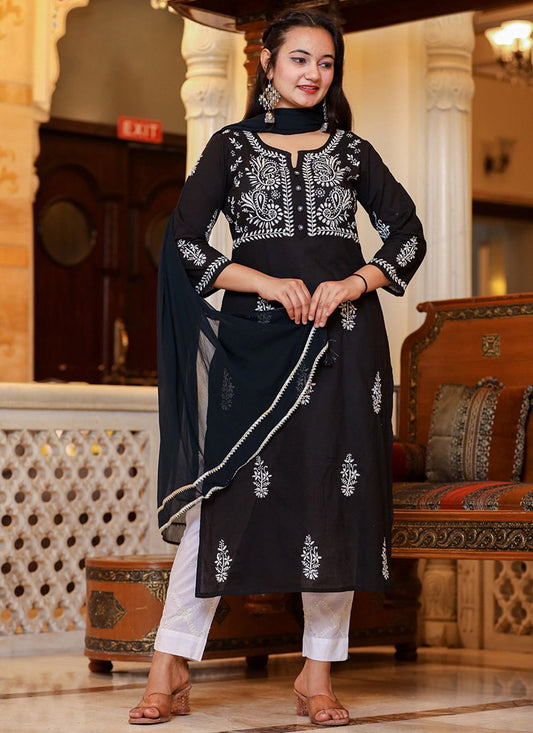Salwar Suit Cotton Black Lucknowi Work Salwar Kameez