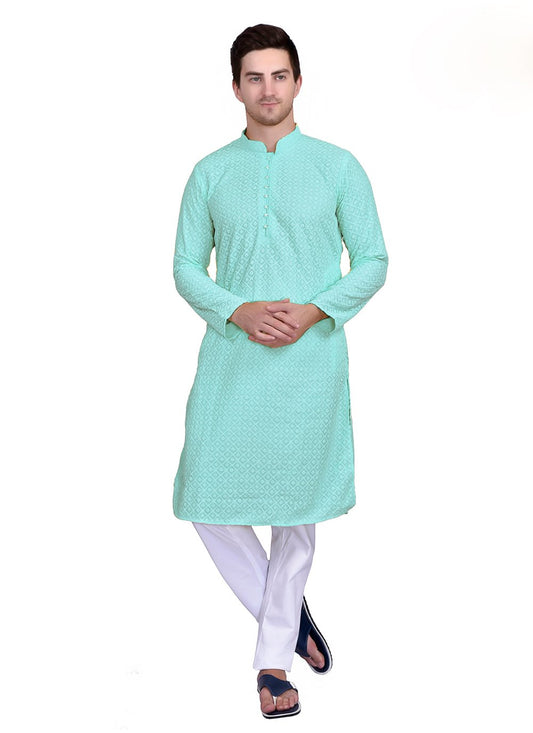 Kurta Pyjama Cotton Turquoise Lucknowi Work Mens
