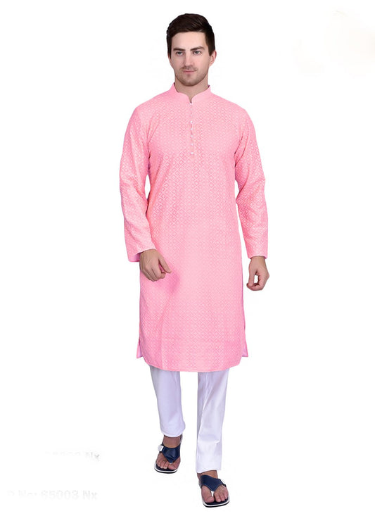 Kurta Pyjama Cotton Pink Lucknowi Work Mens