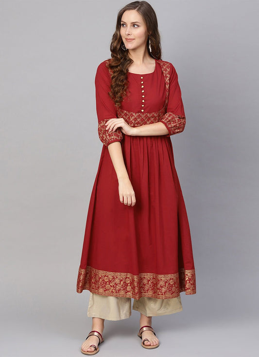 Casual Kurti Cotton Maroon Print Kurtis