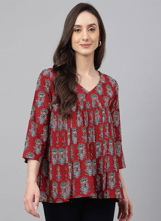 Designer Kurti Cotton Maroon Floral Patch Kurtis