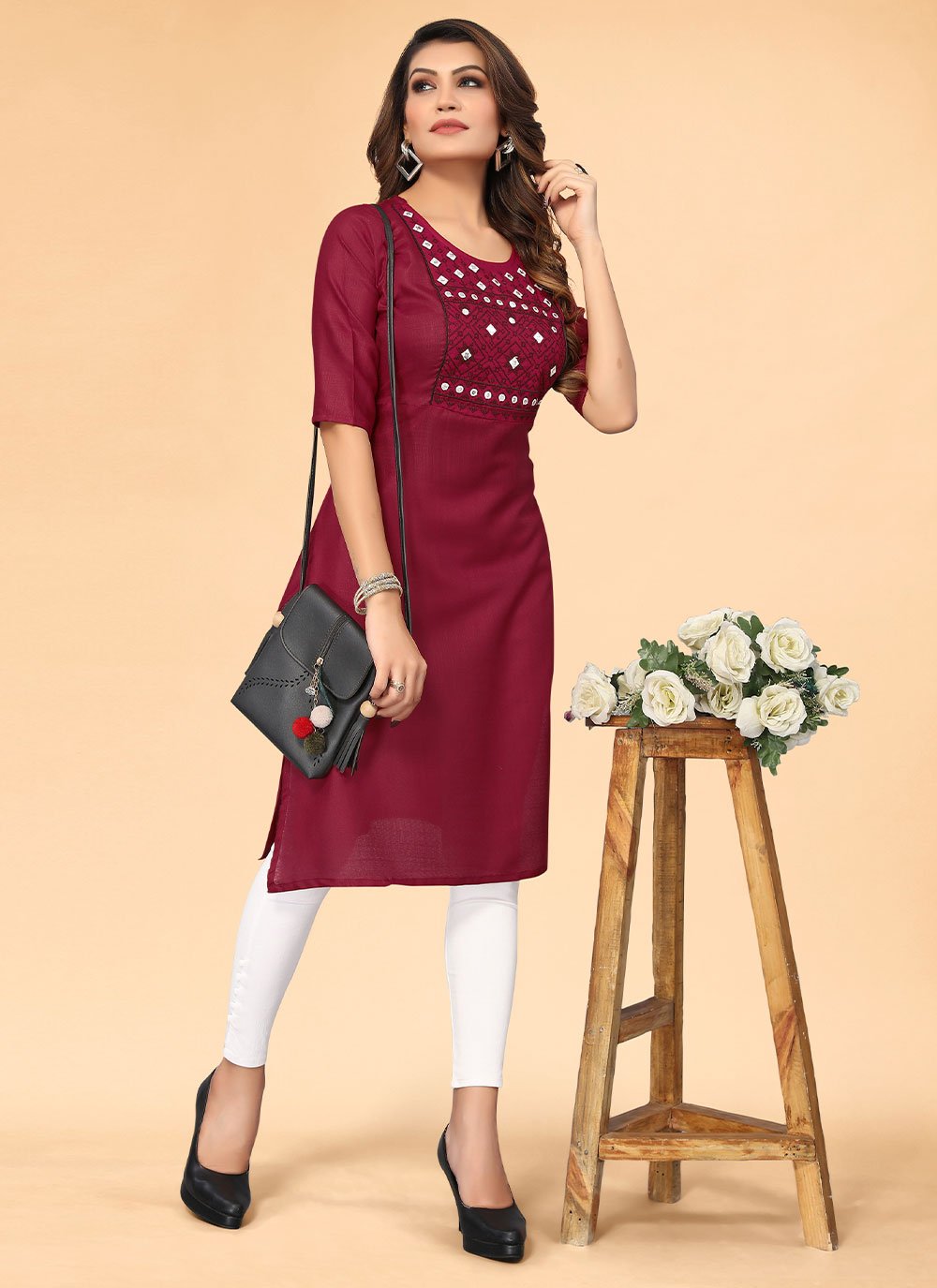 Casual Kurti Cotton Maroon Embroidered Kurtis